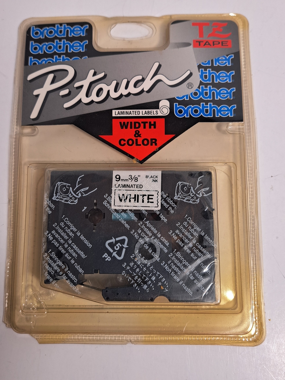 Brother P-Touch 9mm-3/8" Black on White Laminated Tape Cartridge 8mm-26.2ft Long